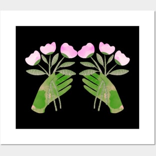 Green hand with pink flowers for you on black Posters and Art